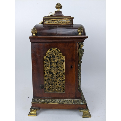18 - A late 19th/early 20th century mahogany bracket clock, the case having basket of flowers finials, gi... 