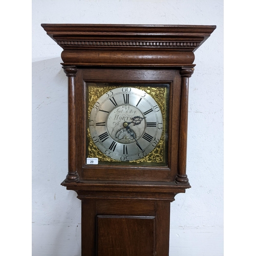 20 - An 18th century oak cased 30 hour longcase clock, the case having a stepped and dental moulded corni... 