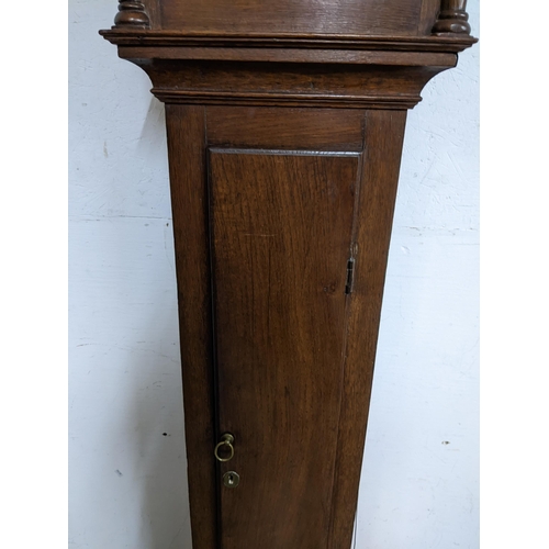 20 - An 18th century oak cased 30 hour longcase clock, the case having a stepped and dental moulded corni... 