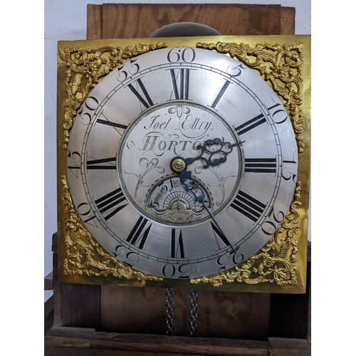 20 - An 18th century oak cased 30 hour longcase clock, the case having a stepped and dental moulded corni... 