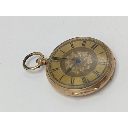 24 - A Victorian 14ct gold, open faced fob watch, having a gilt engraved floral dial, blued hands and Rom... 