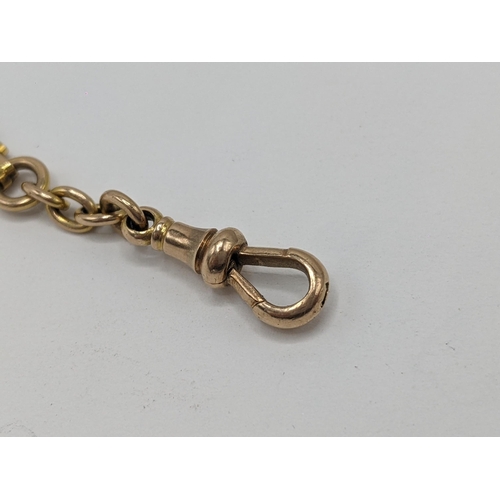 29 - A early 20th century 15ct gold gate link fob watch chain with 15ct O clip and dog clip, 13.5cm, tota... 
