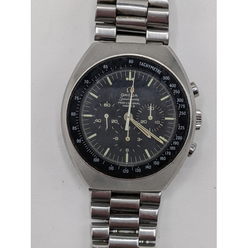 59 - An Omega Speedmaster, chronograph, manual wind, stainless steel gents wristwatch, circa 1970, the bl... 