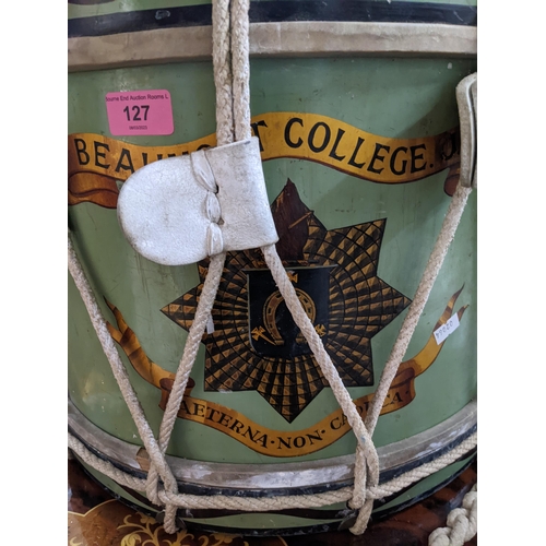 127 - A vintage painted wooden marching drum decorated with Beaumont College UT insignia A/F Location: G