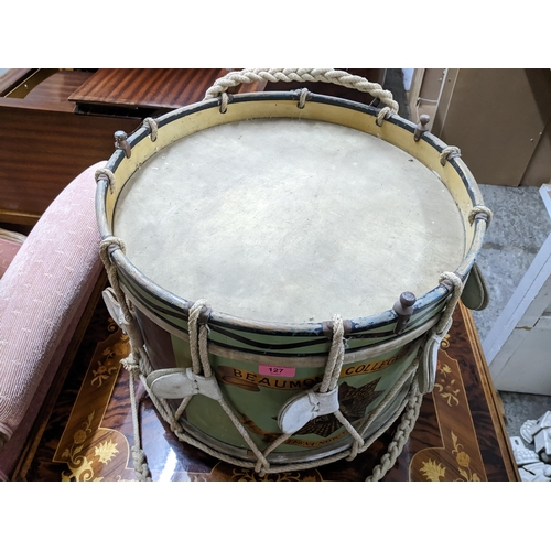 127 - A vintage painted wooden marching drum decorated with Beaumont College UT insignia A/F Location: G