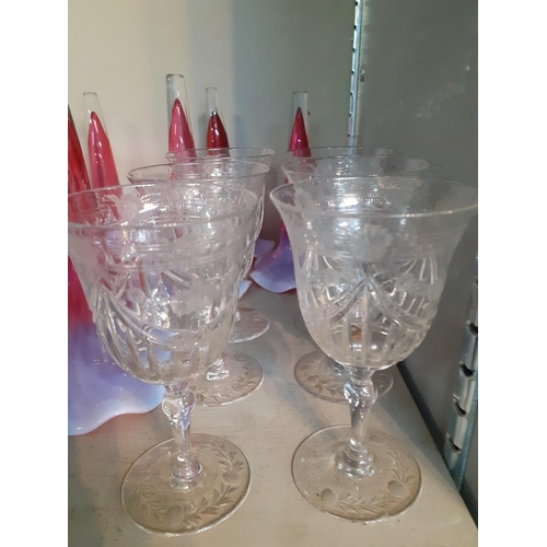 210 - A set of six etched wine glasses and nine epergne glass conical vases in cranberry with milk shading... 