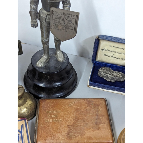 221 - A mixed lot of interest to include a 1887 Jubilee brass tin, copper plate engraved with anchor, Wate... 