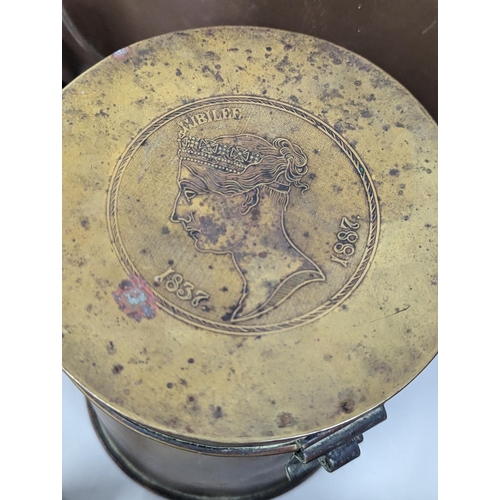 221 - A mixed lot of interest to include a 1887 Jubilee brass tin, copper plate engraved with anchor, Wate... 