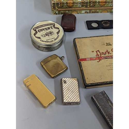 253 - Mixed smoking related items to include cigar box and tin, leather holders, leather embossed vesta ca... 