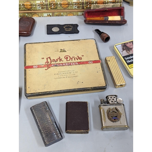 253 - Mixed smoking related items to include cigar box and tin, leather holders, leather embossed vesta ca... 