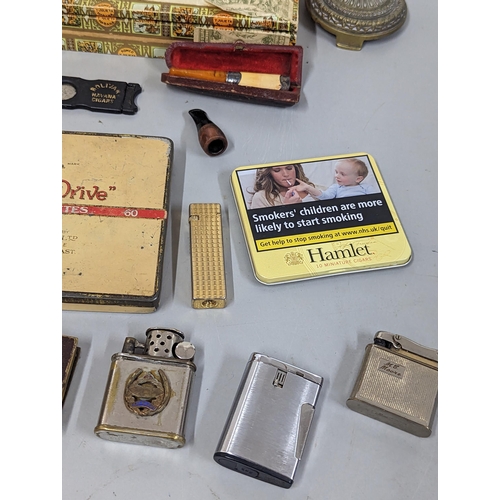 253 - Mixed smoking related items to include cigar box and tin, leather holders, leather embossed vesta ca... 