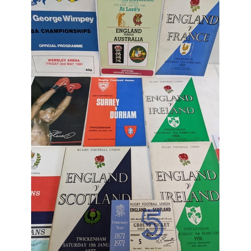 269 - A selection of sporting programmes to rugby 1958-78, also cricket, Speedway, Formula 2, boxing, tenn... 