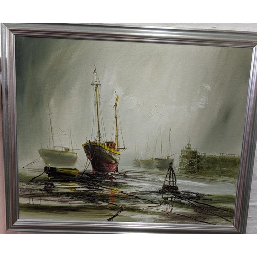 299 - An oil on canvas depicting a harbour scene signed bottom left by John Bampfield, 69cm x 84cm
Locatio... 