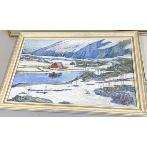 300 - An oil on board depicting a winter scene together with a water colour depicting a sailboat at sea by... 