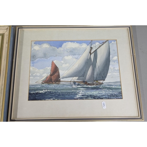 300 - An oil on board depicting a winter scene together with a water colour depicting a sailboat at sea by... 