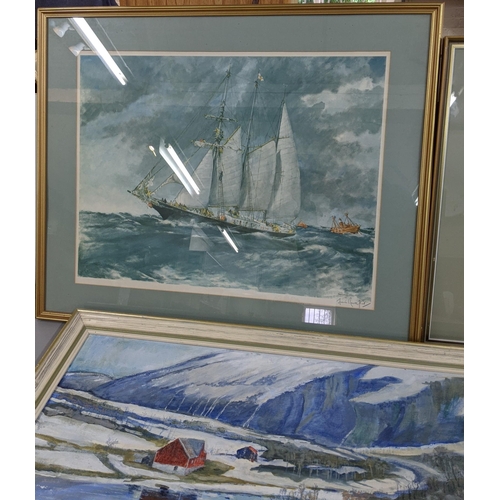 300 - An oil on board depicting a winter scene together with a water colour depicting a sailboat at sea by... 