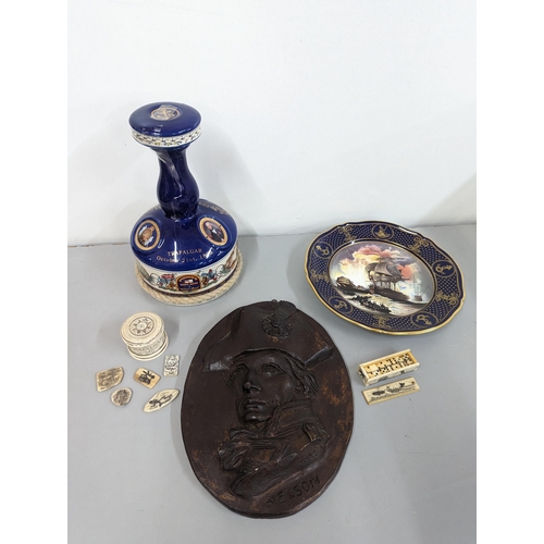 310 - Nelson related items to include a signed composition portrait plaque, a commemorative Trafalgar deca... 