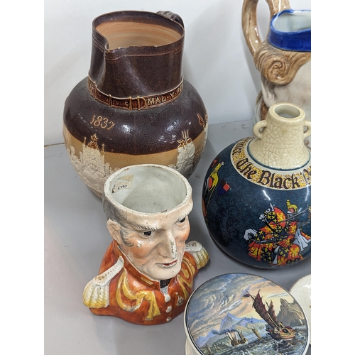 37 - A mixed lot of 19th century and later ceramics to include a Doulton Lambeth 1887 Jubilee jug, charac... 