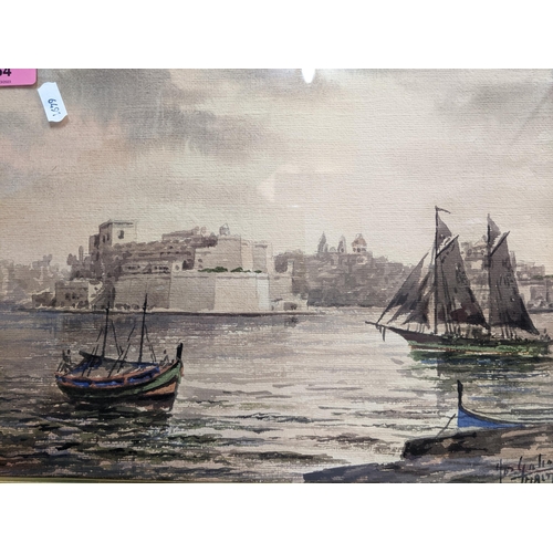 54 - Joseph Galia (Malta 1904-1985) watercolour, boats off the Maltese coast, signed and dated '74 to low... 