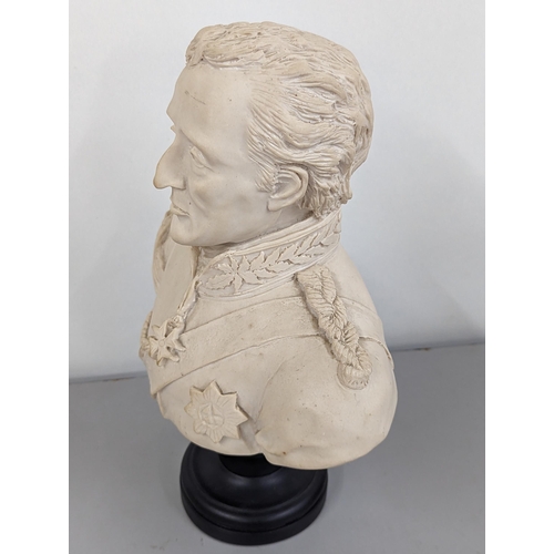 84 - A composition ware bust of Lord Wellington in uniform, on turned black base, Fama Medallion to under... 