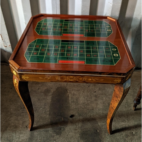 13 - An Italian marquetry inlaid octagonal topped games table having a floral inlaid lift off top above a... 