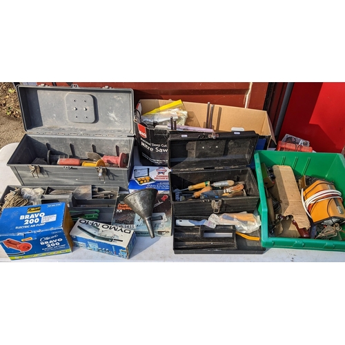 183 - Mixed tools to include a Precision Mitre Saw, electric air pump, plumbers holesaw kit and other item... 