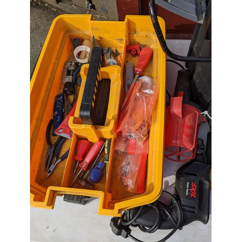 185 - A Zag tool box containing mixed tools together with a Skil drill, mixed lighting, record, clamps and... 