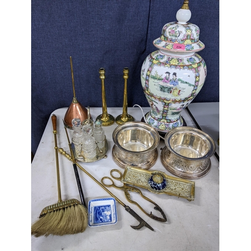 234 - A mixed lot to include a Chinese baluster table lamp, fireside implements, cruet set and other items... 