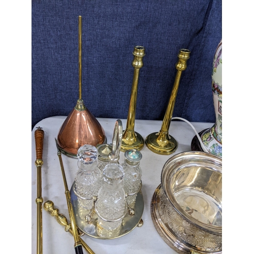 234 - A mixed lot to include a Chinese baluster table lamp, fireside implements, cruet set and other items... 