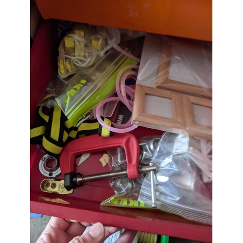 237 - Two stackable tool chests containing mixed tools to include nails, screws, clamps, CCTV cameras and ... 