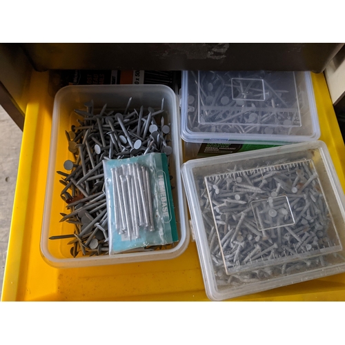 237 - Two stackable tool chests containing mixed tools to include nails, screws, clamps, CCTV cameras and ... 