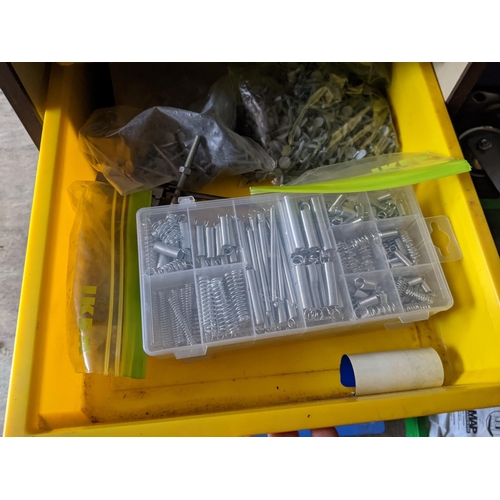 237 - Two stackable tool chests containing mixed tools to include nails, screws, clamps, CCTV cameras and ... 