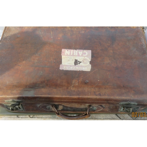 302 - Leather suitcase with Union Castle travel stickers and large amount of Japanese photographs from 40s... 