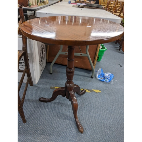 4 - A late Georgian mahogany snap top occasional table, together with a cane seated bar back armchair
Lo... 