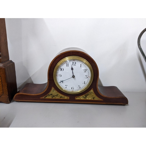 69 - Mixed clocks to include an Edwardian mantel clock, one in the form of a longcase clock, JAZ Alarm cl... 