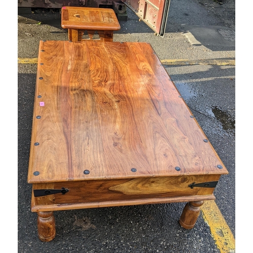 76 - A vintage teak rectangular topped coffee table with two drawers and wrought iron supports, 46cm h x ... 