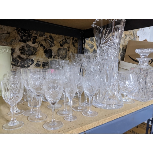 147 - Glass to include sets and part sets to include six champagne, wine glasses, decanter, candlesticks, ... 