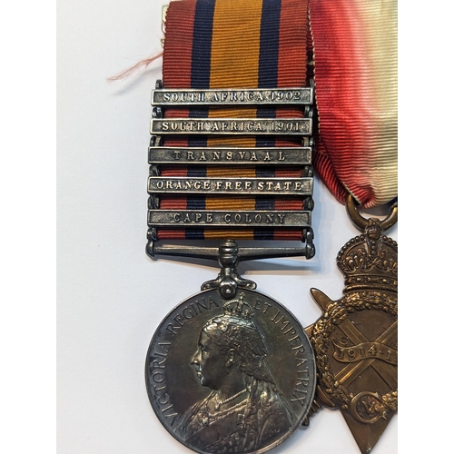 424 - A British late 19th/early 20th century medal bar comprising The Queen's South Africa medal having So... 