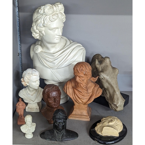 396 - A group of composition and other busts to include Apollo, King George V, Queen Elizabeth II, Winston... 