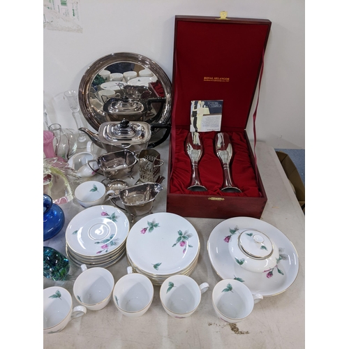 483 - A mixed lot to include boxed Royal Selangor pewter glasses, mixed silver plate, KPM part tea service... 