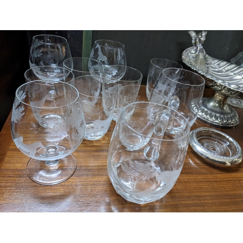 363 - A quantity of silver plate and glassware to include a late Georgian neo-Classical cut glass decanter... 