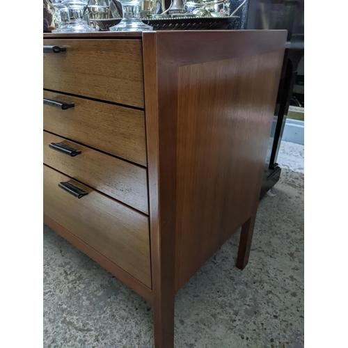 366 - A mid 20th century hardwood sideboard with three drawers, two doors and leather handles Location: G