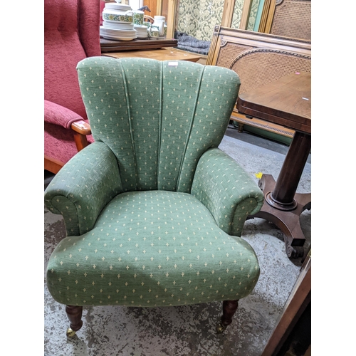 388 - Victorian walnut upholstered nursing chair, button upholstered back, serpentine front, on turned fro... 