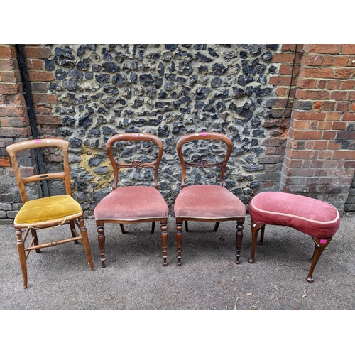 389 - Various chairs to include two Victorian rosewood balloon back dining chairs with upholstered seats a... 