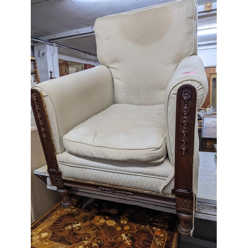 390 - A Victorian mahogany upholstered armchair with loose seat cushion, turned and fluted front legs Loca... 