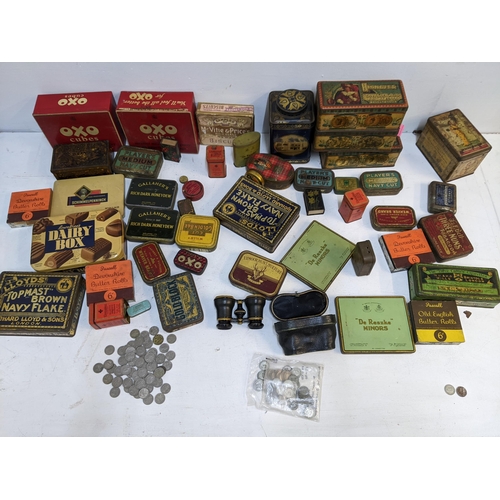 392 - Collectables to include a collection of tins, sixpences to include examples from 1920-1946, 155g, an... 