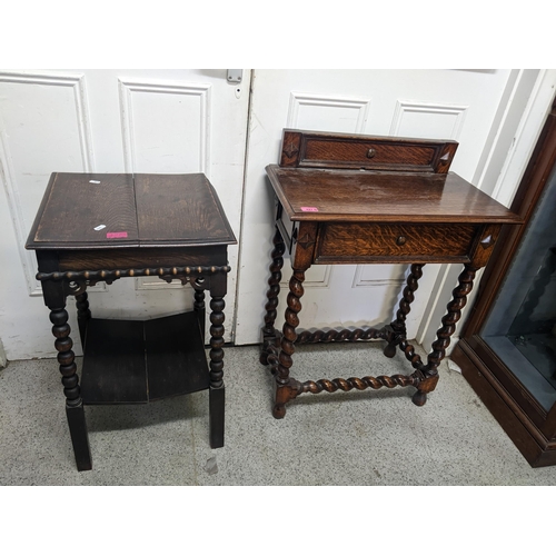 427 - THIS LOT HAS BEEN WITH DRAWN

Two 1930's oak tables, one with barley twist legs, 81cm h x 60cm w, an... 