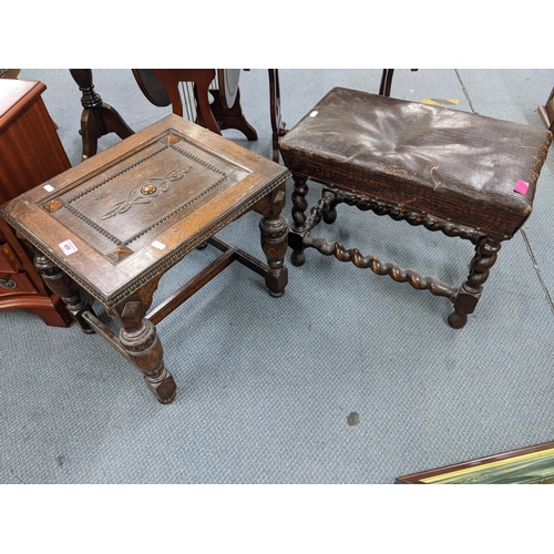 450 - Two 1930's oak stools, one with barley twist legs and the other with a panelled top
Location: A3B