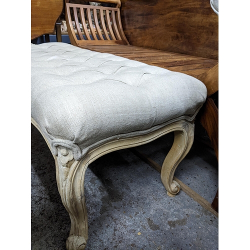 468 - A 20th century carved wooden stool, upholstered top, French carved cabriole legs on scrolled feet, a... 