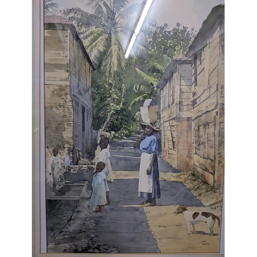 470 - H D Scott - Old Speightown - figures taking on a township street with buildings either side, and a d... 